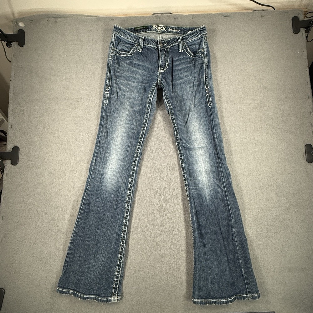 Wrangler Rock 47 Womens Blue Denim‎ Ultra Low Rise Bootcut Jeans 3X34 Y2K - Picture 2 of 10